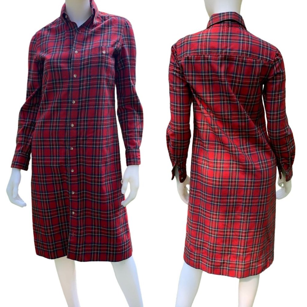 Vintage 80s Nell Flowers Plaid Shirt Dress Small Red Tartan Academia Preppy Midi